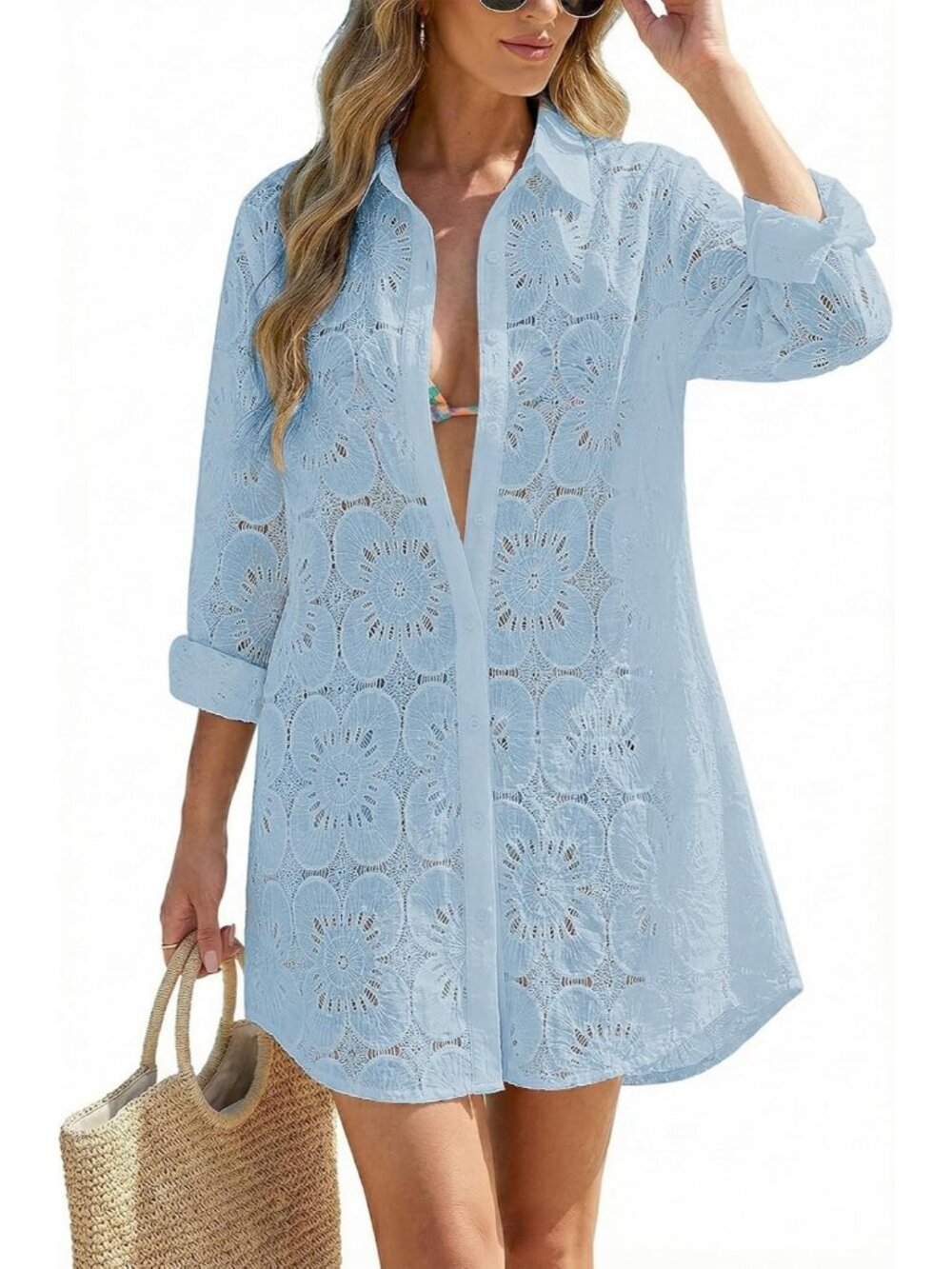 Women's Sky Blue Cotton Cover Up Button Down Shirt Long Sleeve Swimsuit Cover Up